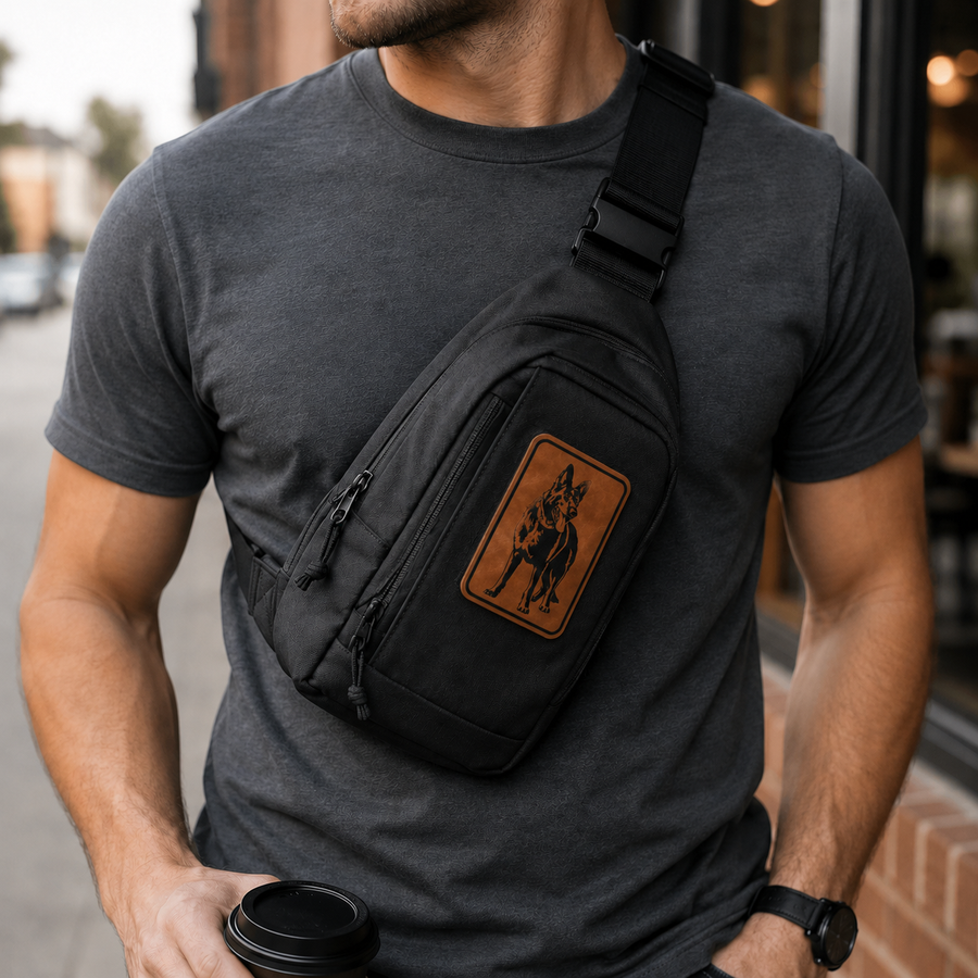 Custom pet portrait patch on chest bag