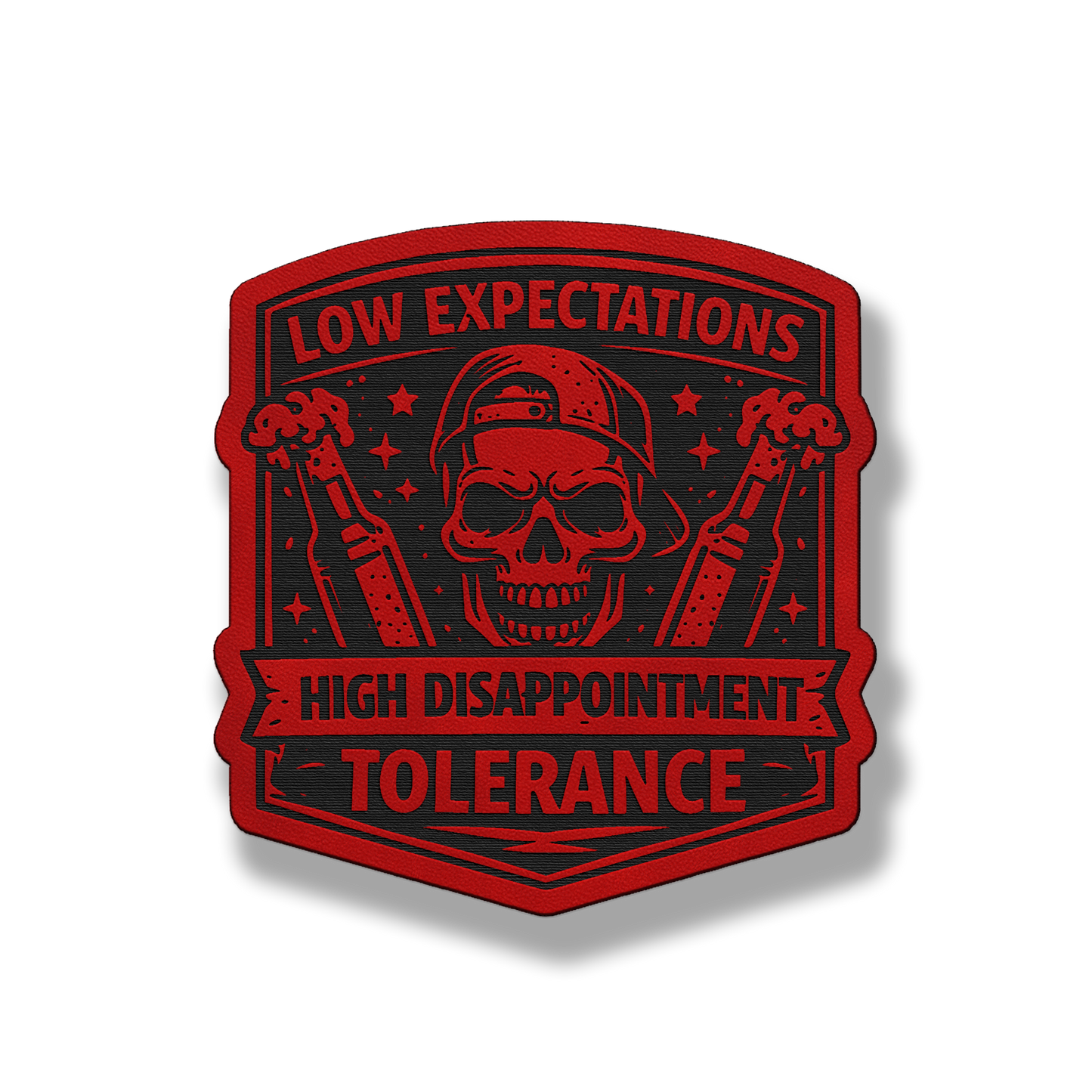 Low Expectations Male patch in classic red leatherette
