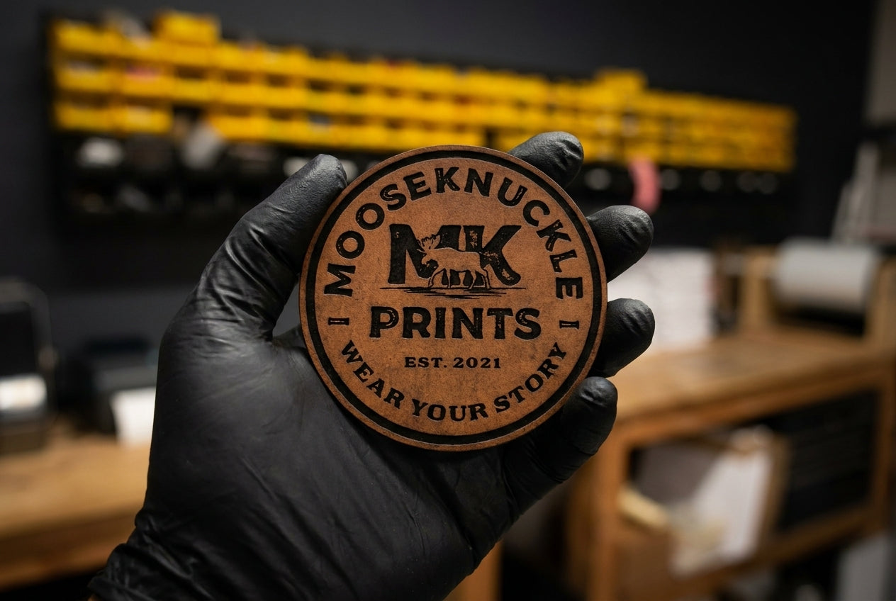 Customizable leatherette patches with personalized engraved text and logo options
