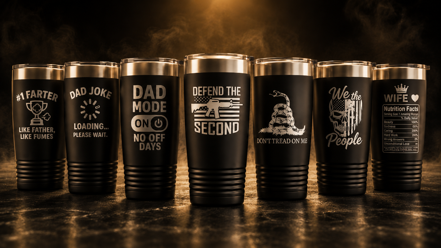 Custom laser-engraved stainless steel tumblers with logo and personalization options