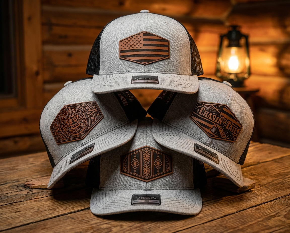 Leatherette patch hats with engraved patch designs on trucker and snapback hats