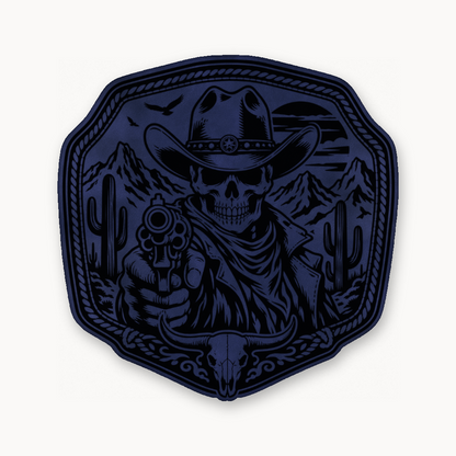 Western Skull Cowboy Revolver Buckle – Leatherette Morale Patch — Dark Saddle Blue