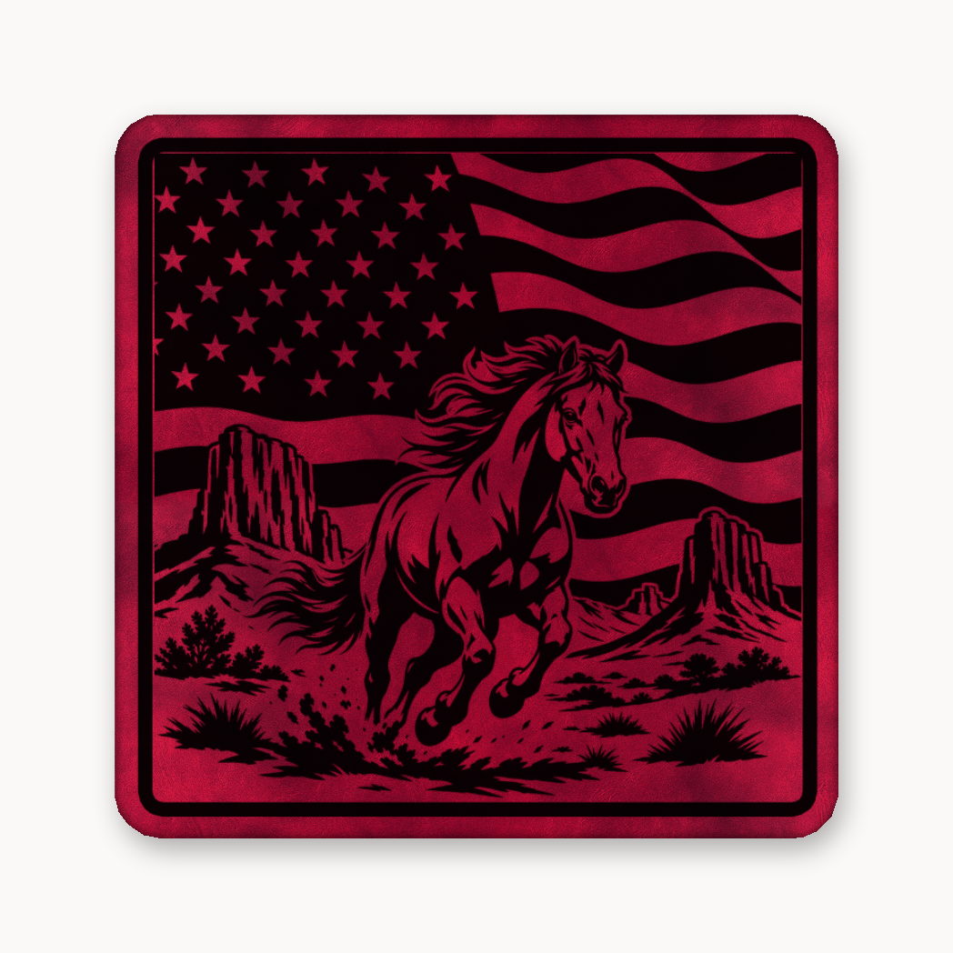 Western American Flag Horse – Leatherette Morale Patch — Dark Saddle Red