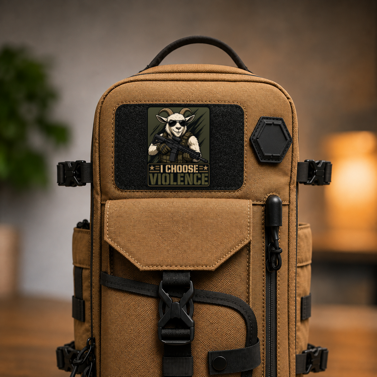 I Choose Violence Goat – Leatherette Morale Patch — in use