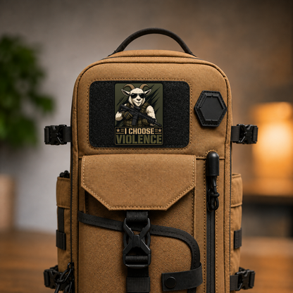 I Choose Violence Goat – Leatherette Morale Patch — in use