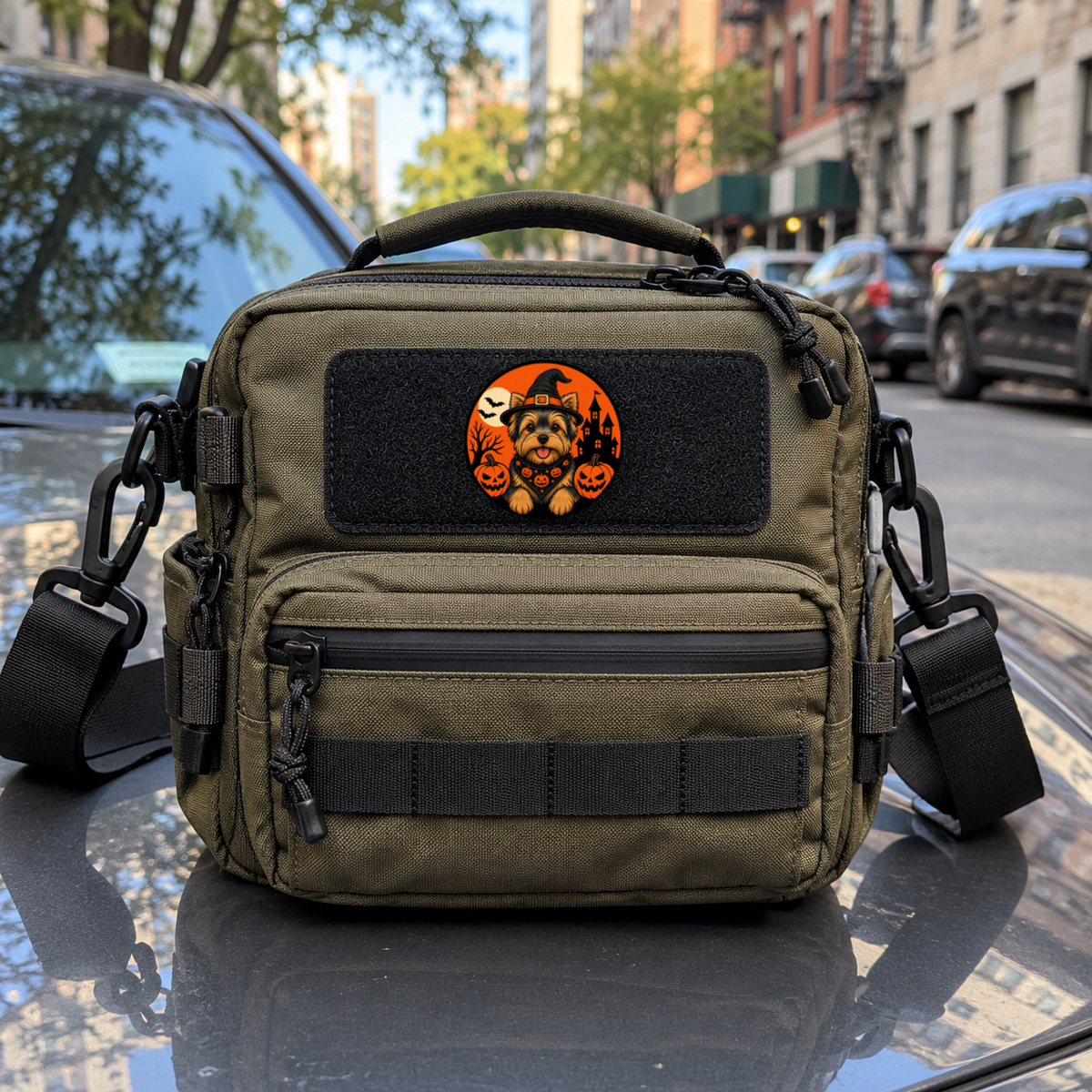 Halloween Yorkie – Leatherette Morale Patch — in use