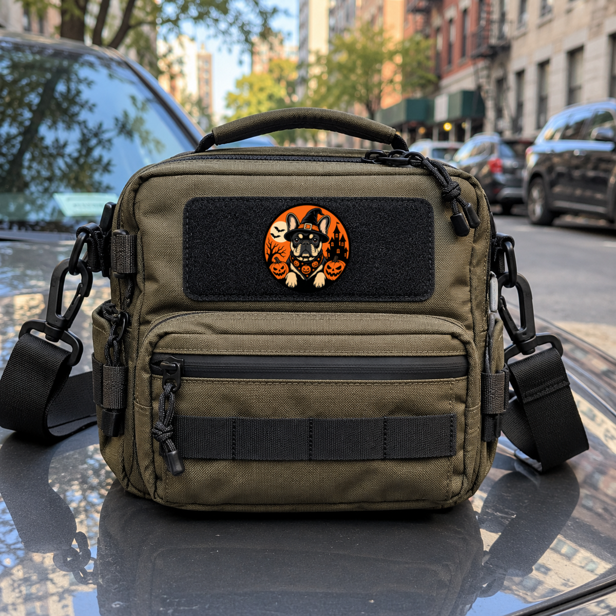 Halloween Frenchie – Leatherette Morale Patch — in use