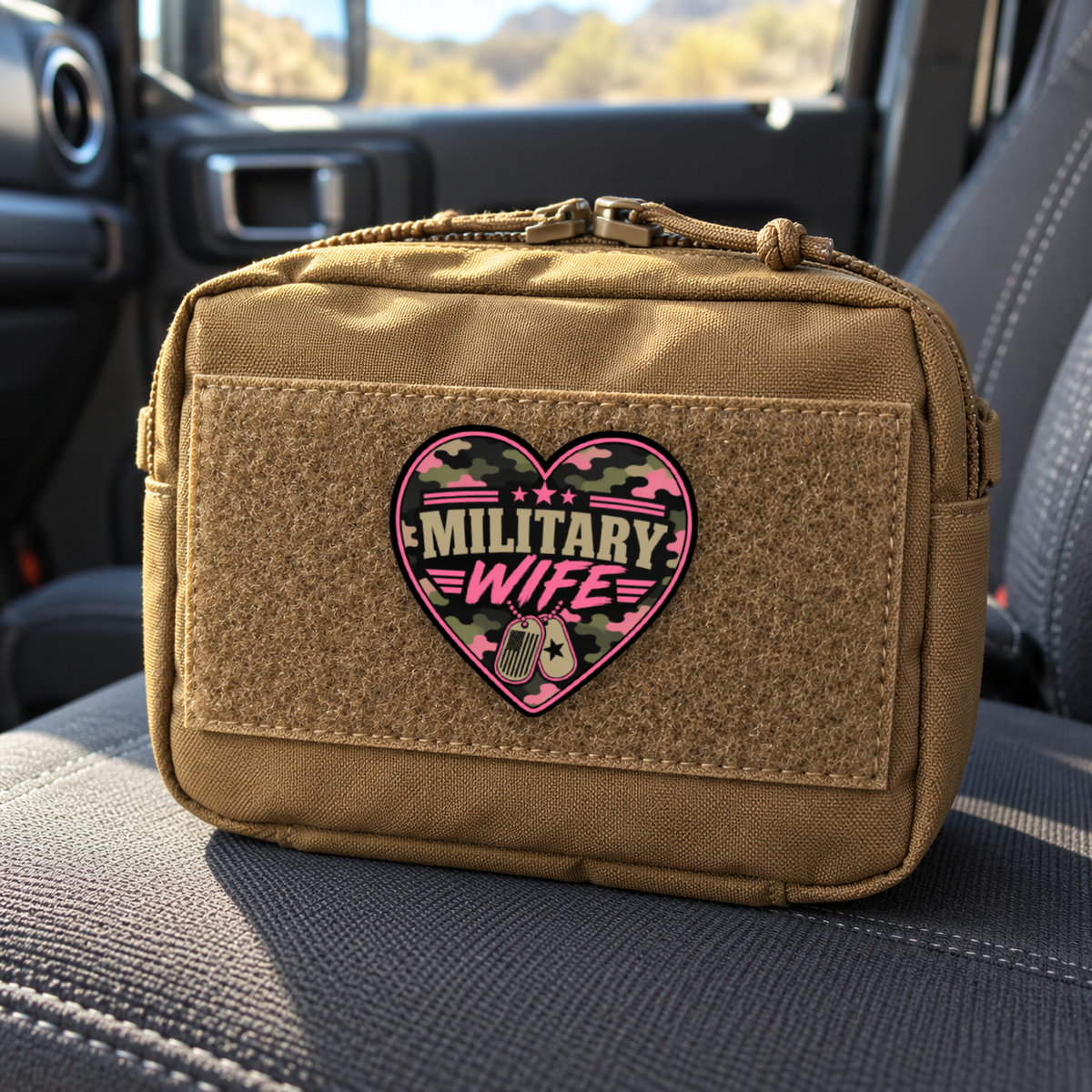 Military Wife Camo Heart – Leatherette Morale Patch — in use