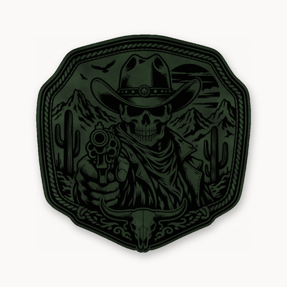 Western Skull Cowboy Revolver Buckle – Leatherette Morale Patch — Dark Saddle Green