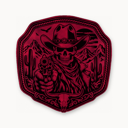 Western Skull Cowboy Revolver Buckle – Leatherette Morale Patch — Dark Saddle Red