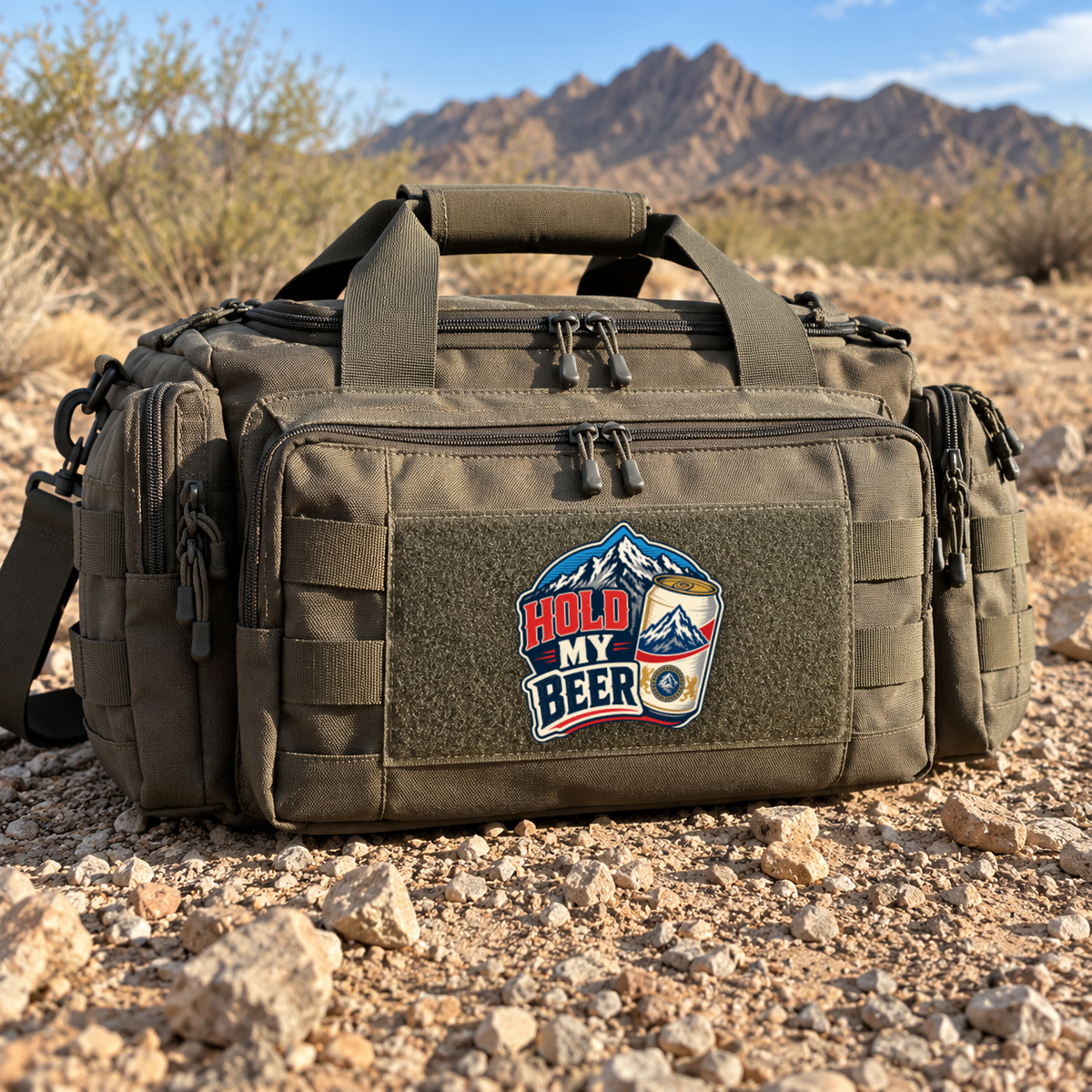 Hold My Beer – Leatherette Morale Patch — in use
