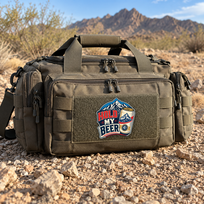 Hold My Beer – Leatherette Morale Patch — in use