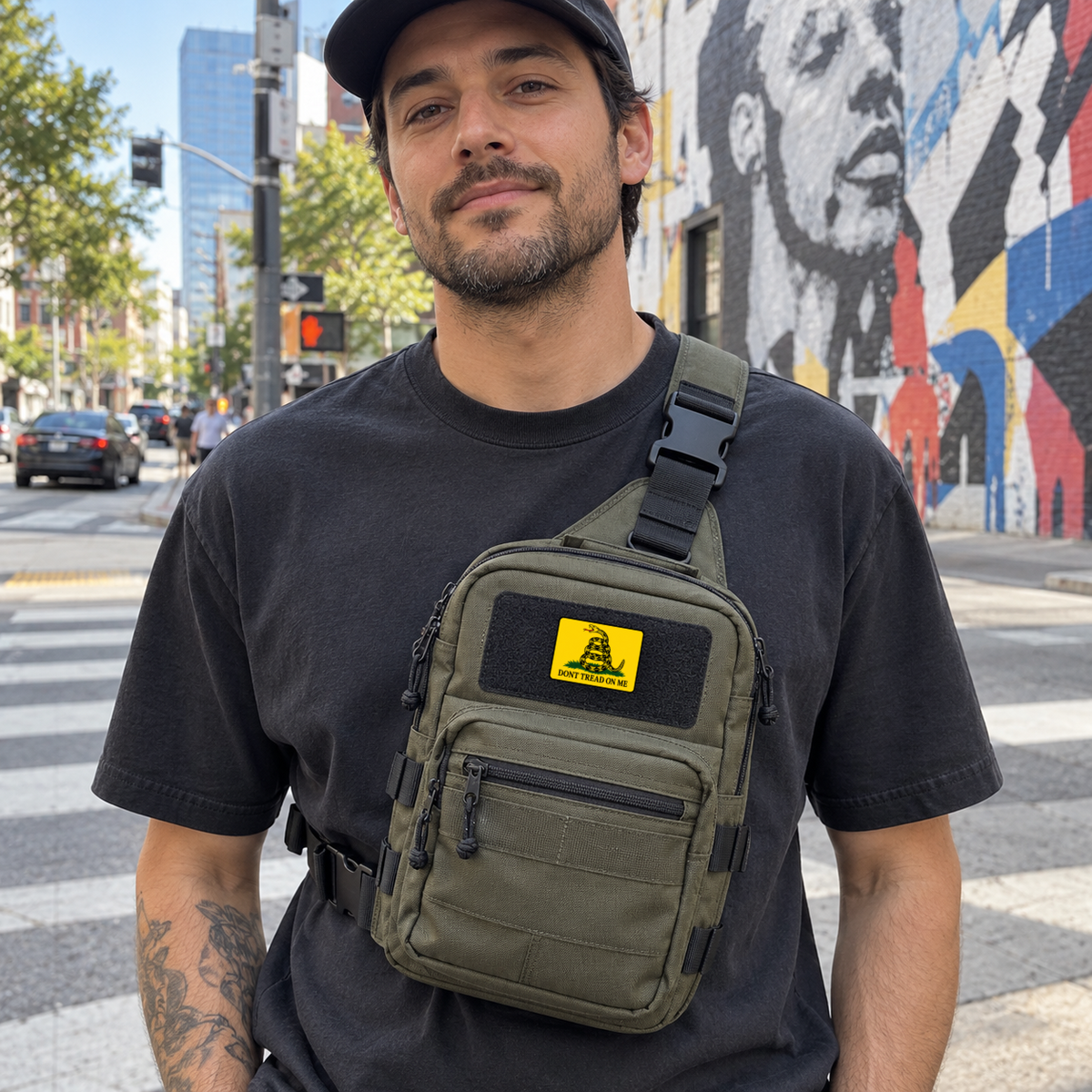 Don't Tread On Me Color – Leatherette Morale Patch — in use