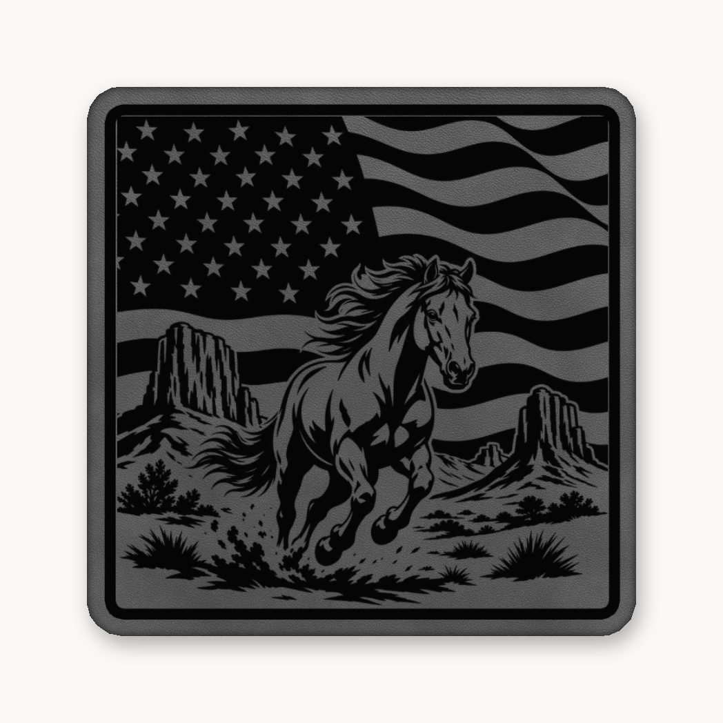 Western American Flag Horse – Leatherette Morale Patch — Classic Gray