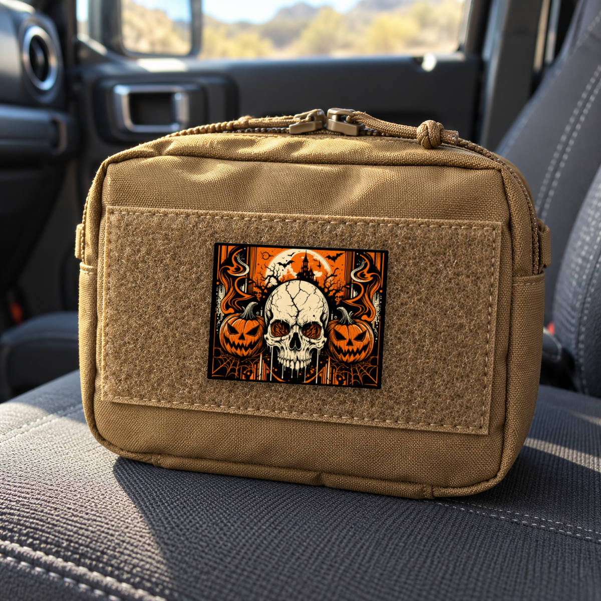 Haunted Skull & Pumpkins – Leatherette Morale Patch — in use