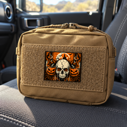 Haunted Skull & Pumpkins – Leatherette Morale Patch — in use