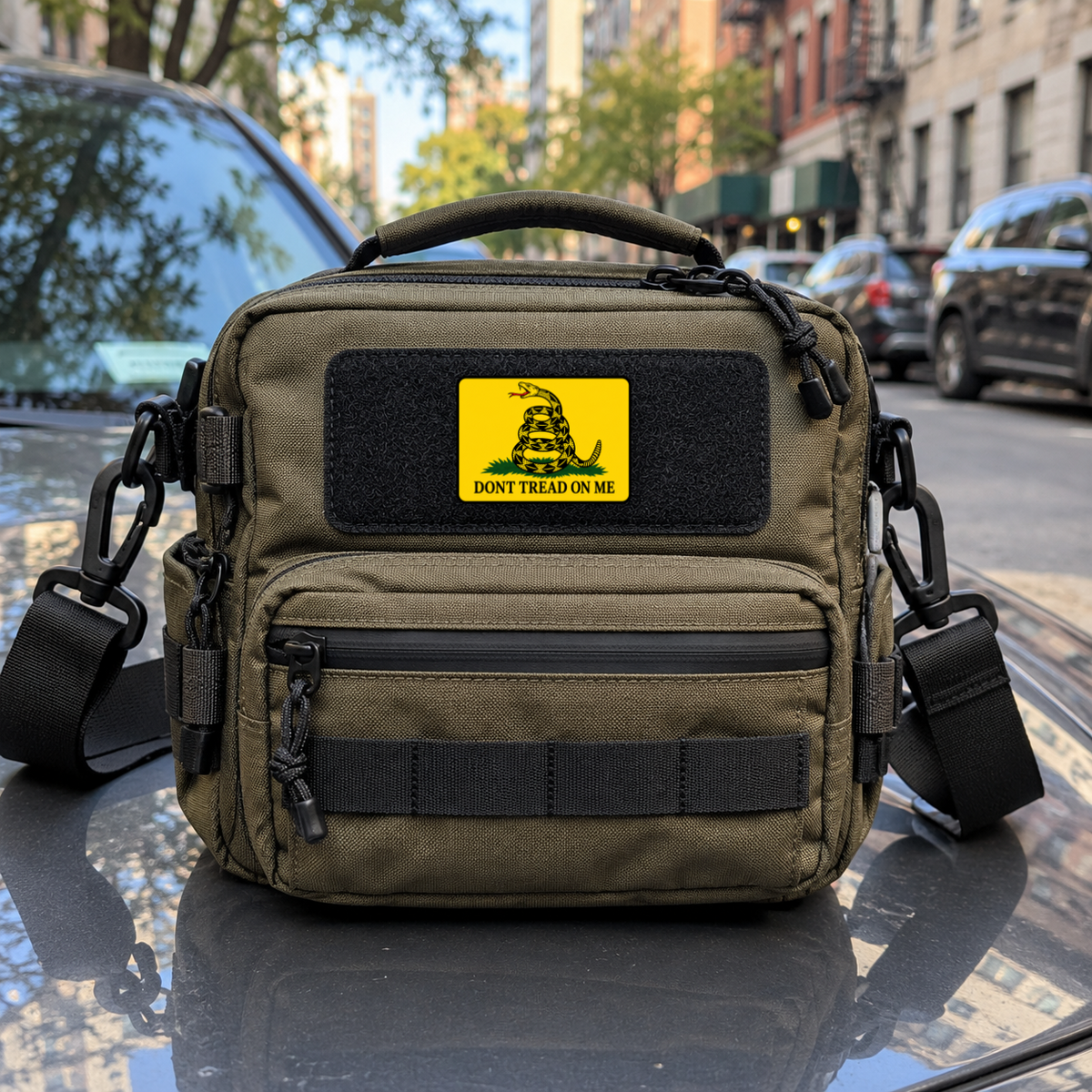 Don't Tread On Me Color – Leatherette Morale Patch — in use