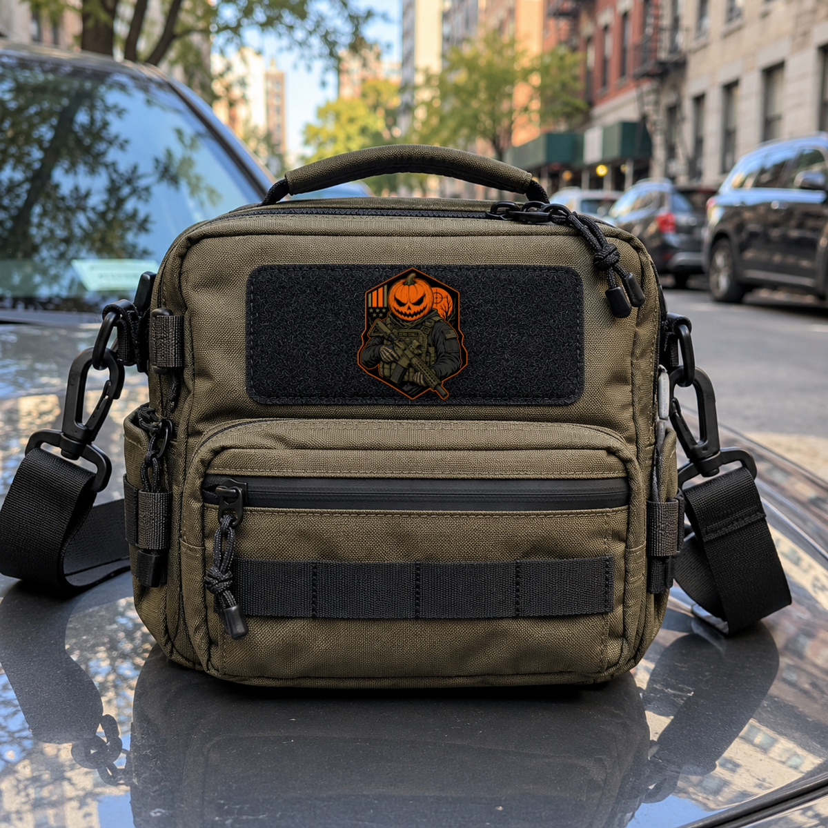Tactical Pumpkin Operator – Leatherette Morale Patch — in use