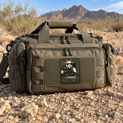 I Choose Violence Goat – Leatherette Morale Patch — in use