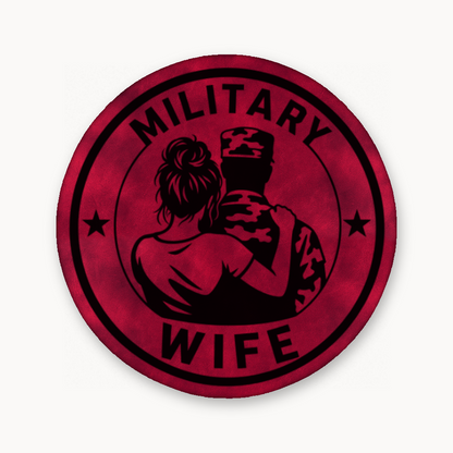 Military Wife – Soldier Emblem – Leatherette Morale Patch — Dark Saddle Red