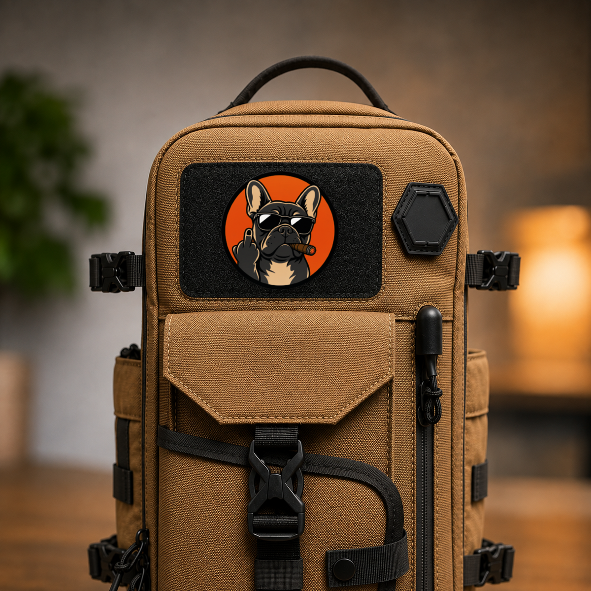 Cigar Frenchie Doesn't Care – Leatherette Morale Patch — in use