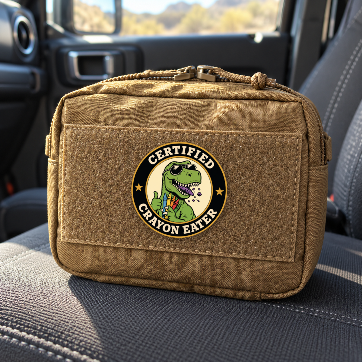 Certified Crayon Eater – Leatherette Morale Patch — in use