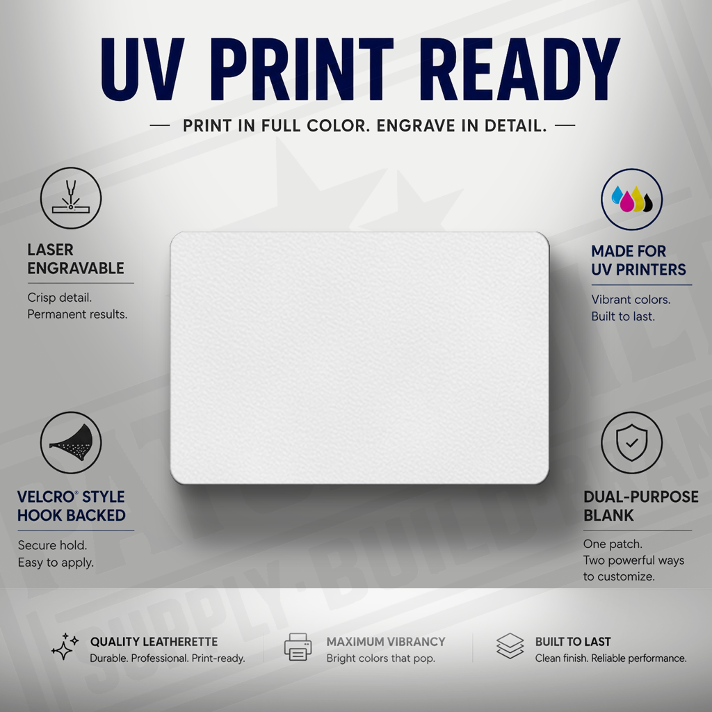 White leatherette patch blank for UV printing, laser engraving, and desktop UV printer workflows