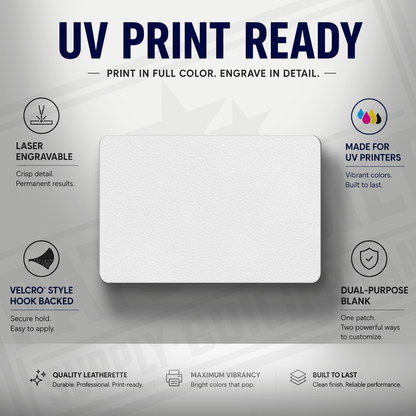 White leatherette patch blank for UV printing, laser engraving, and desktop UV printer workflows