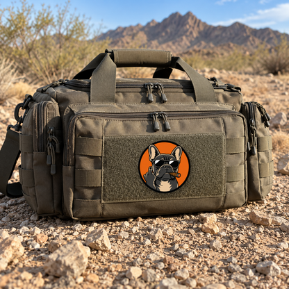 Cigar Frenchie Doesn't Care – Leatherette Morale Patch — in use
