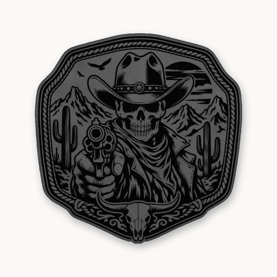 Western Skull Cowboy Revolver Buckle – Leatherette Morale Patch — Classic Gray