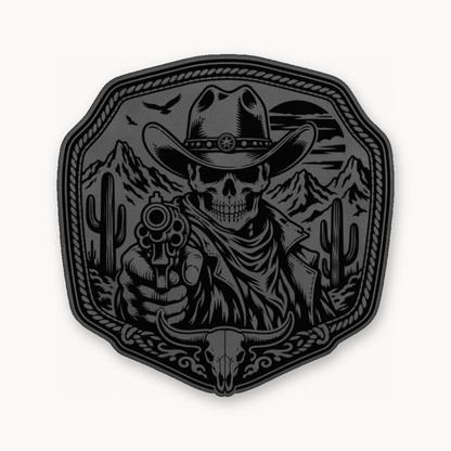 Western Skull Cowboy Revolver Buckle – Leatherette Morale Patch — Classic Gray