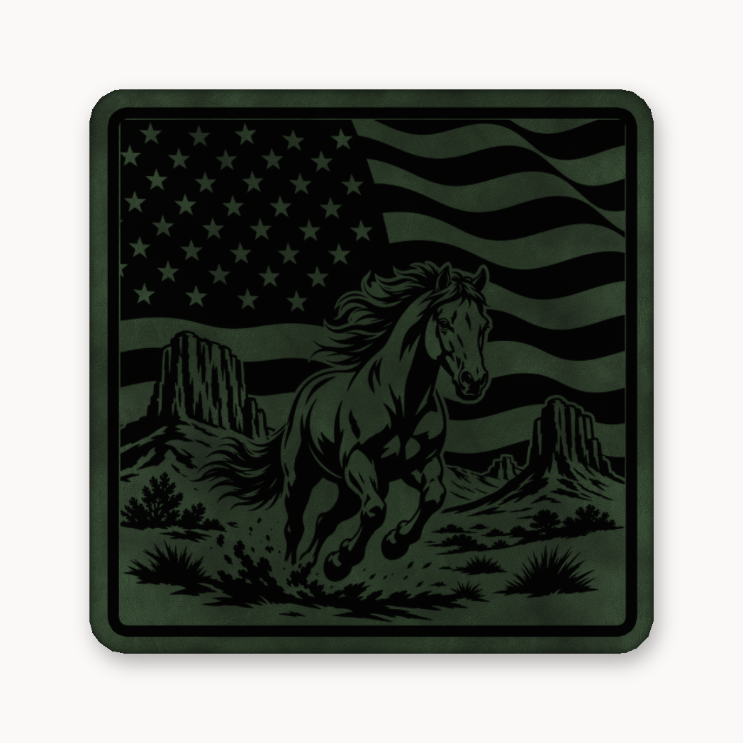 Western American Flag Horse – Leatherette Morale Patch — Dark Saddle Green