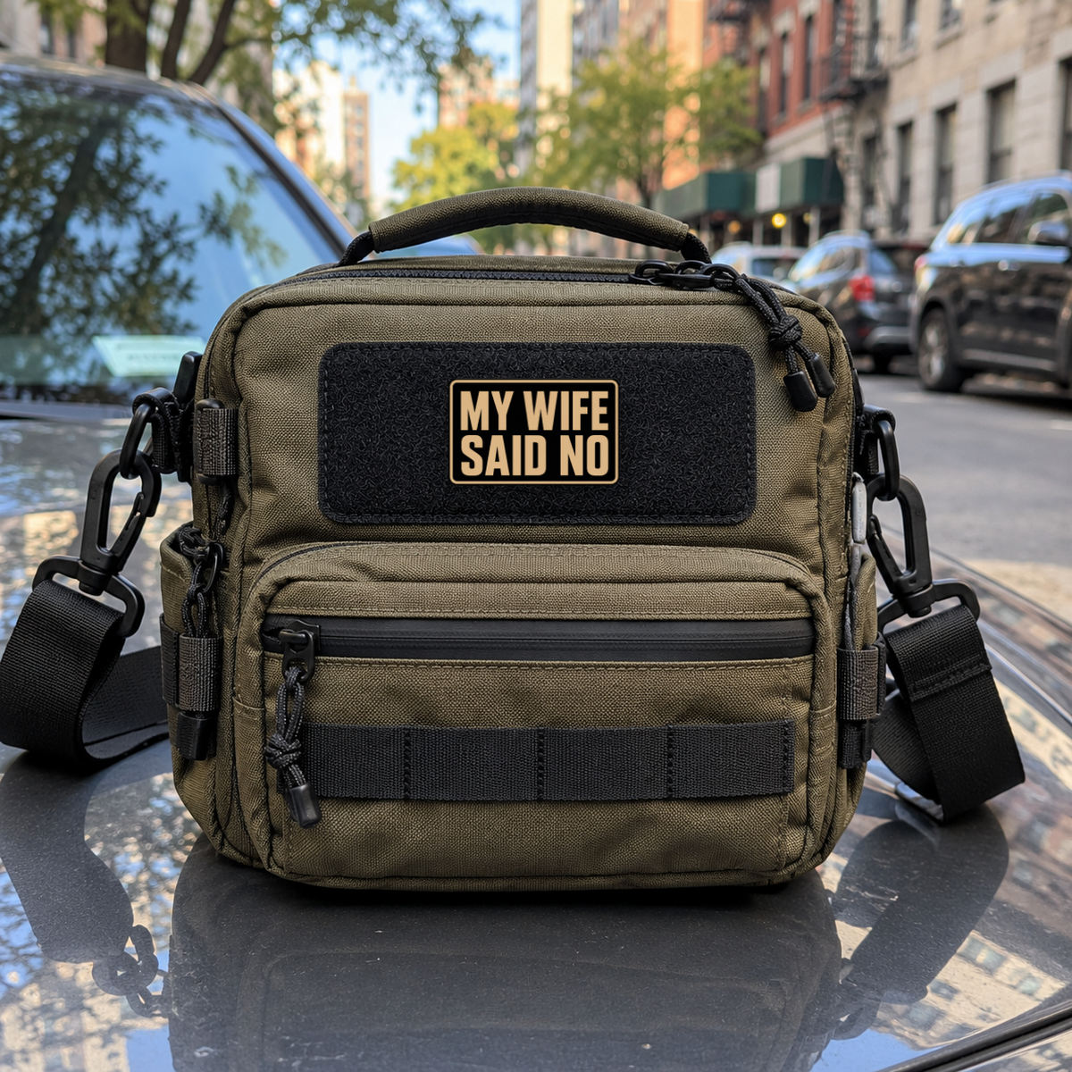My Wife Said No – Leatherette Morale Patch — in use