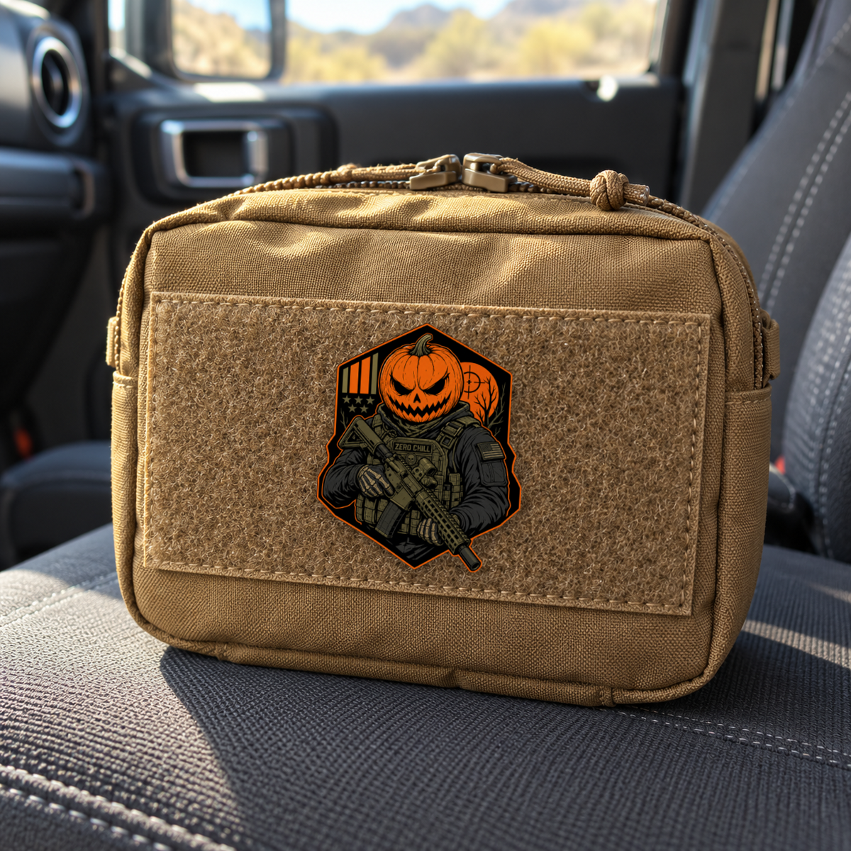 Tactical Pumpkin Operator – Leatherette Morale Patch — in use