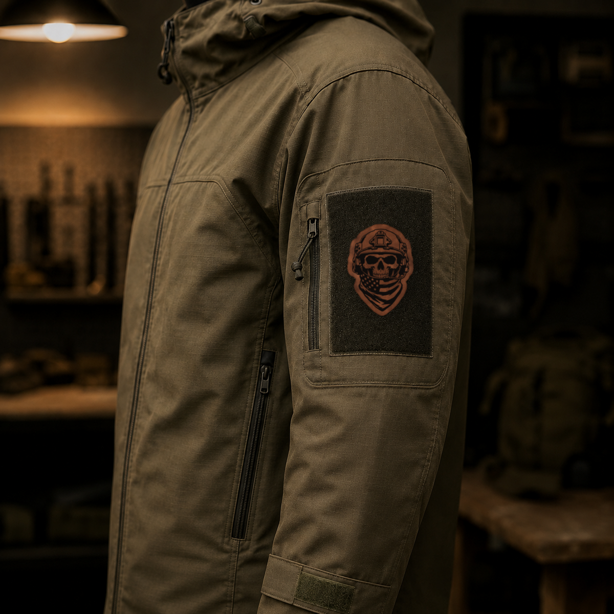 American Tactical Skull Operator – Leatherette Morale Patch — in use