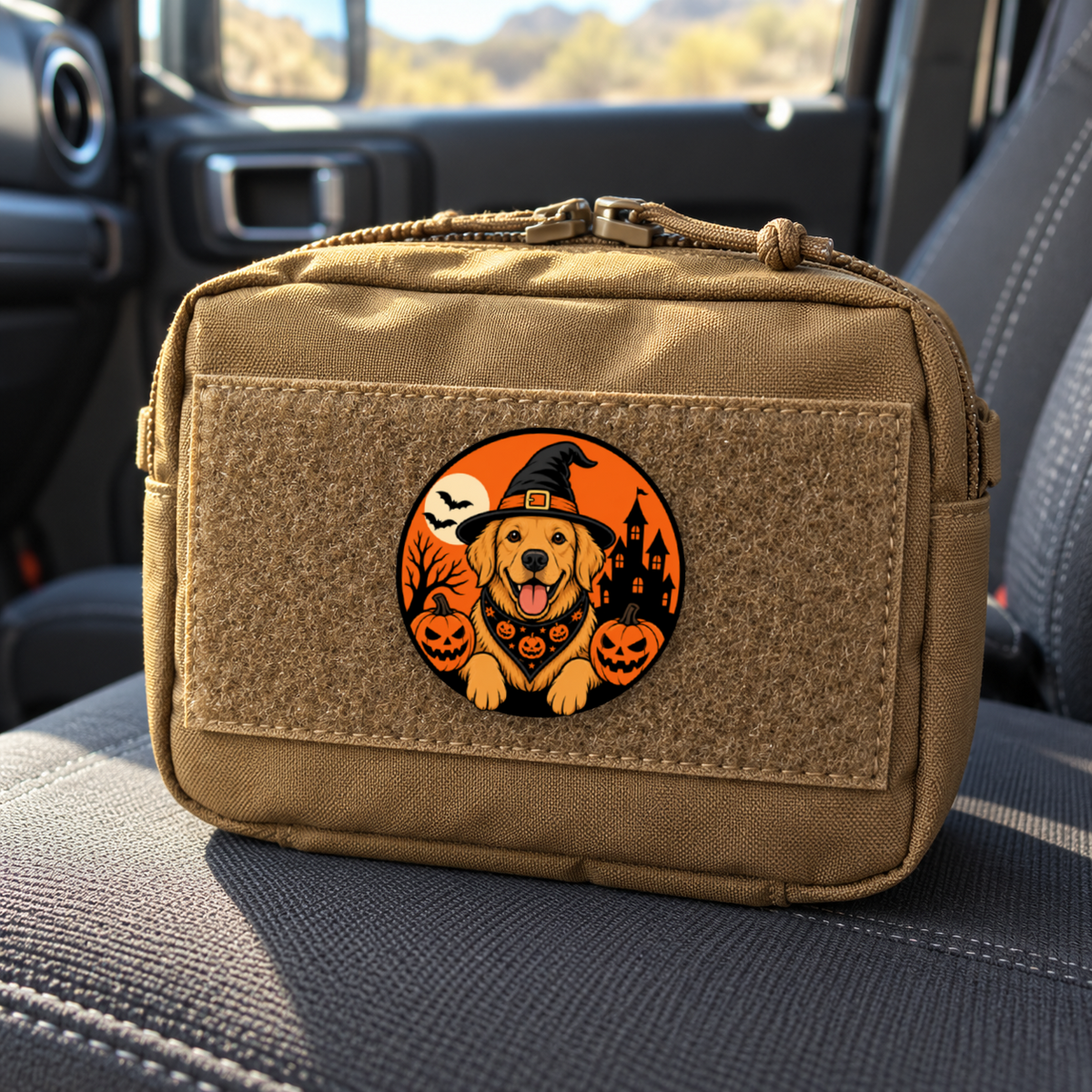 Halloween Golden Retriever – Leatherette Morale Patch — in use