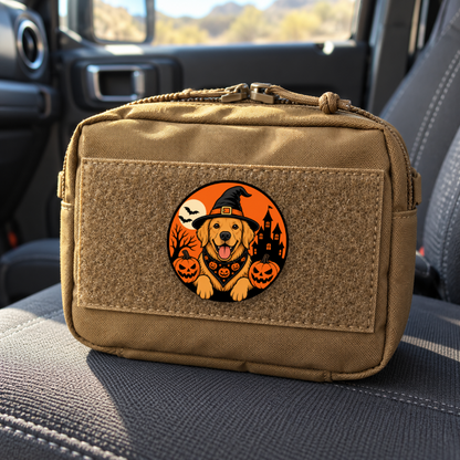 Halloween Golden Retriever – Leatherette Morale Patch — in use