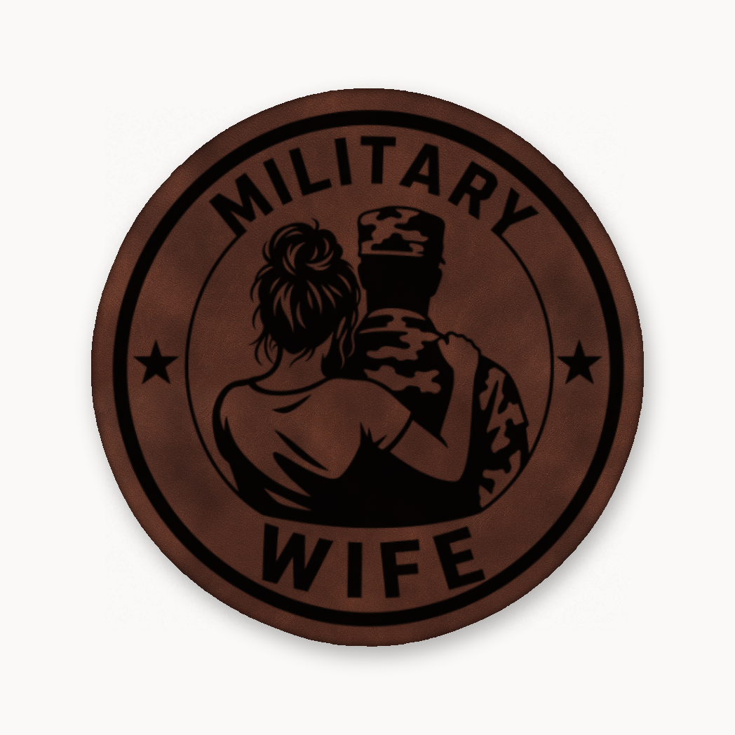 Military Wife – Soldier Emblem – Leatherette Morale Patch — Dark Saddle Brown