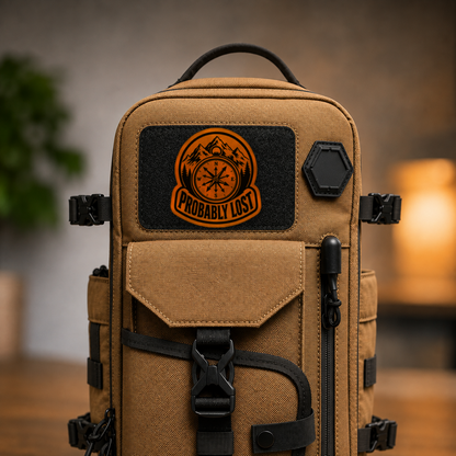 Probably Lost Compass Explorer – Leatherette Morale Patch — in use