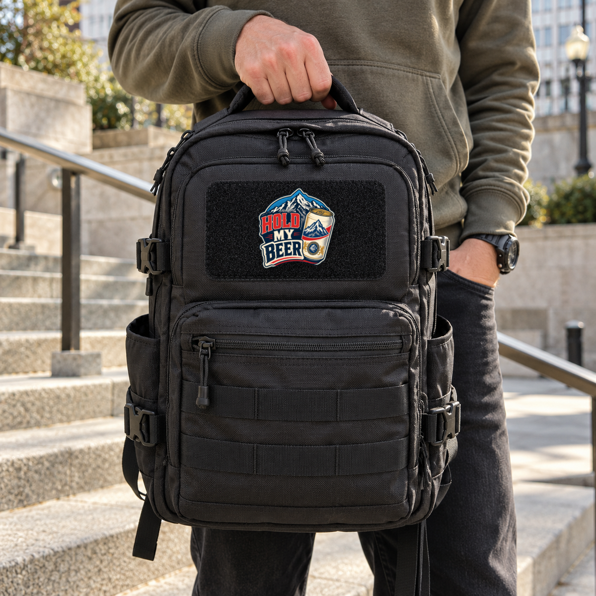 Hold My Beer – Leatherette Morale Patch — in use