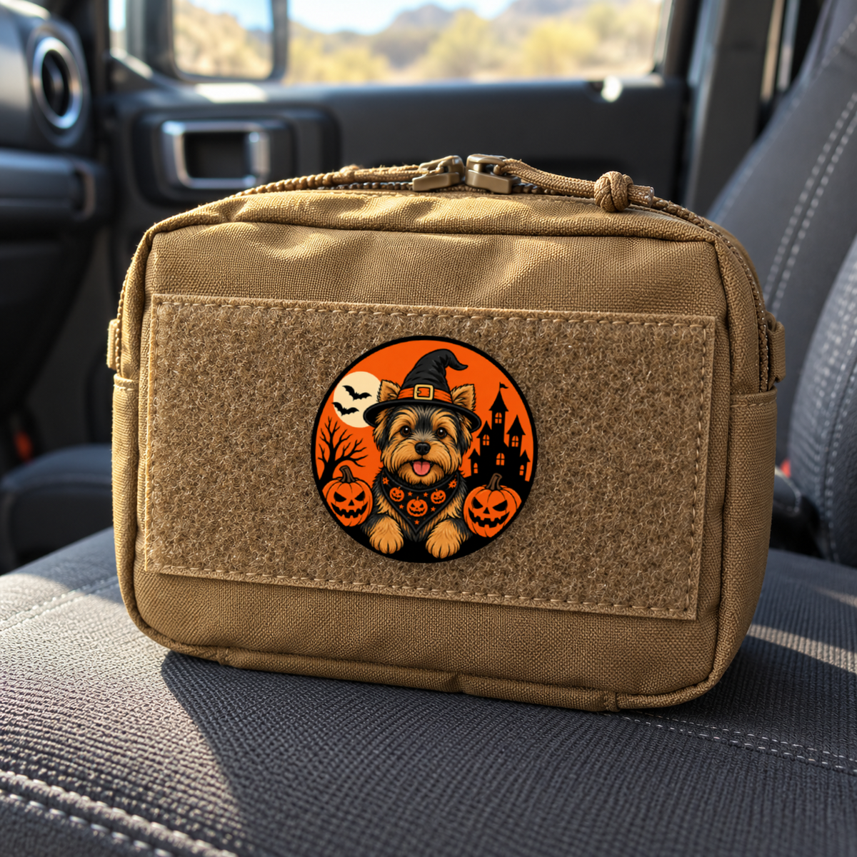 Halloween Yorkie – Leatherette Morale Patch — in use
