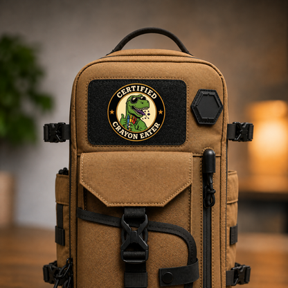 Certified Crayon Eater – Leatherette Morale Patch — in use