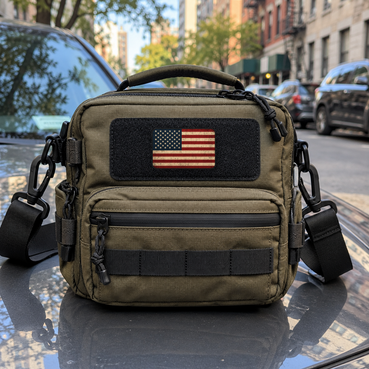 Distressed US Flag – Leatherette Morale Patch — in use