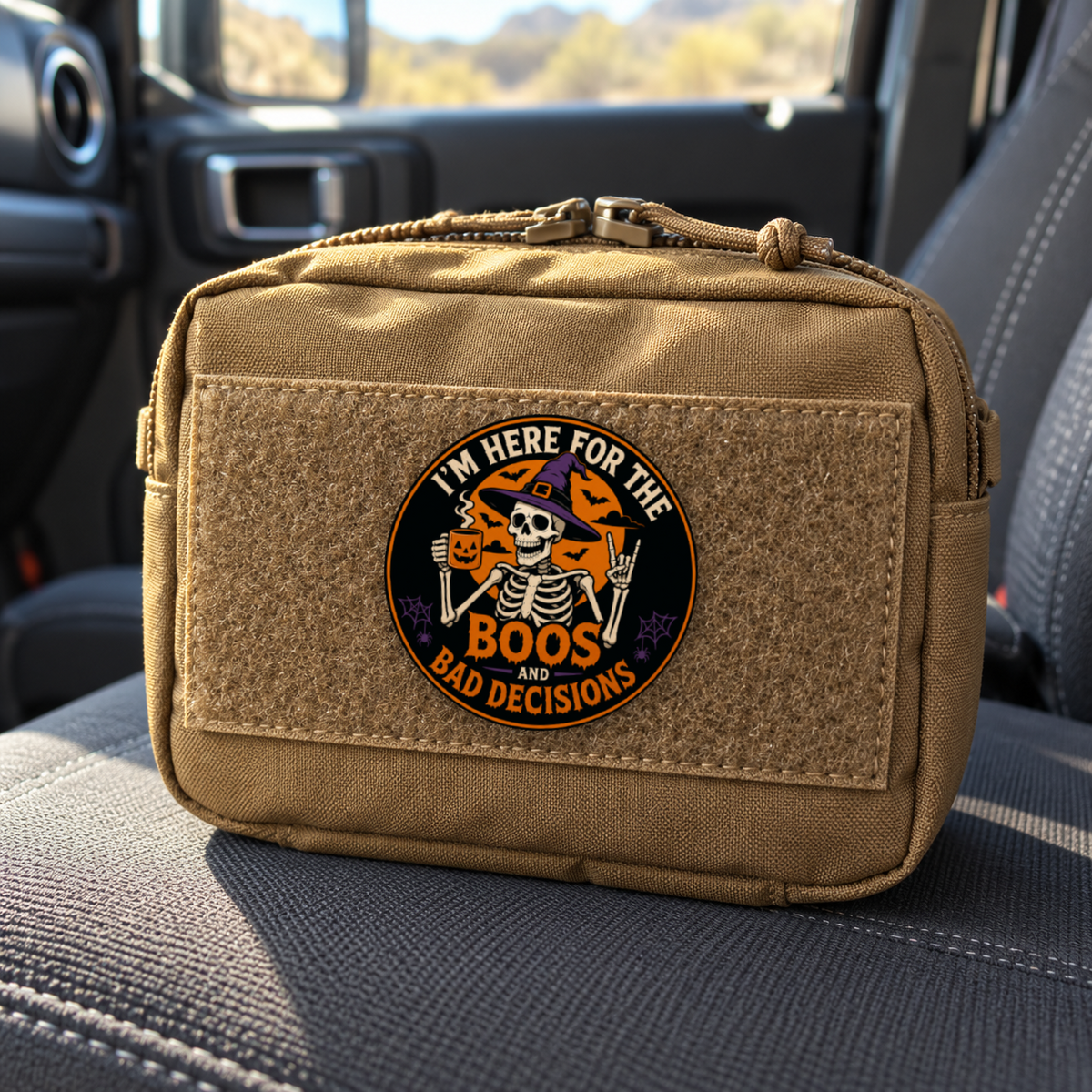 Boos and Bad Descisions – Leatherette Morale Patch — in use