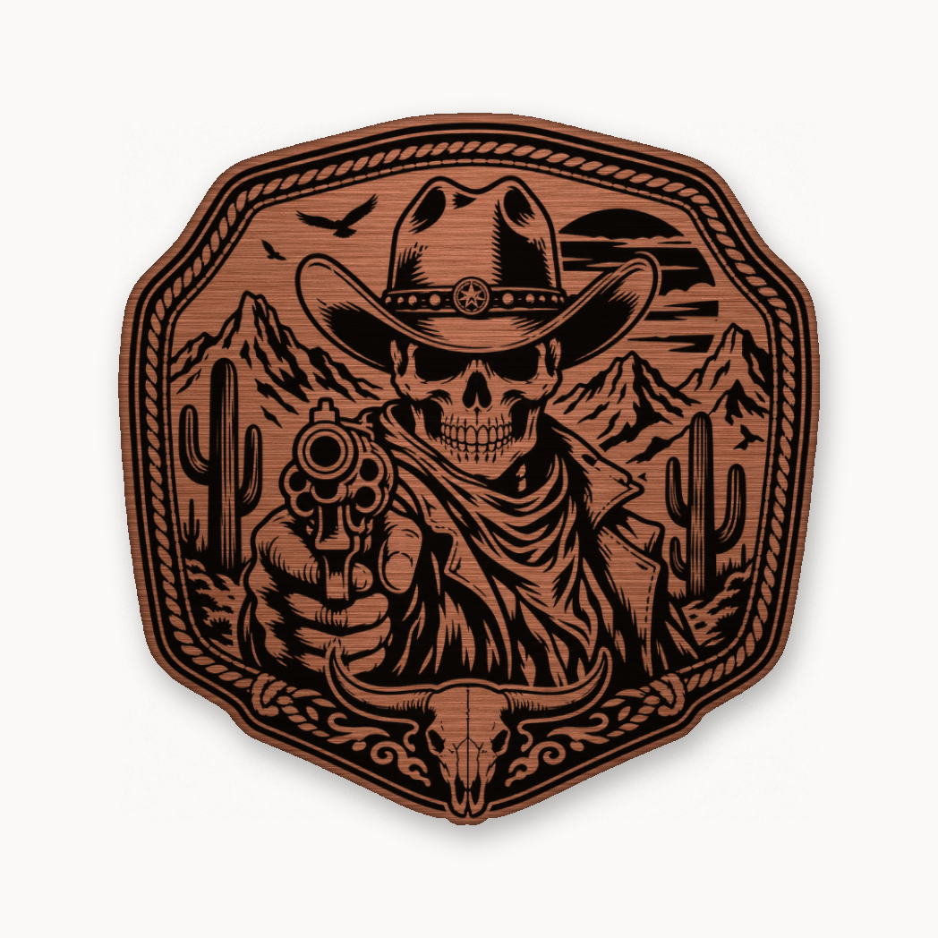 Western Skull Cowboy Revolver Buckle – Leatherette Morale Patch — Copper