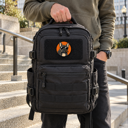 Cigar Frenchie Doesn't Care – Leatherette Morale Patch — in use