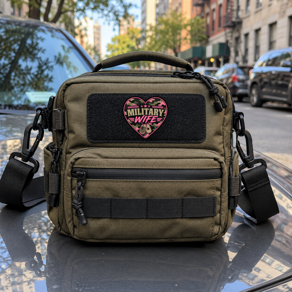 Military Wife Camo Heart – Leatherette Morale Patch — in use