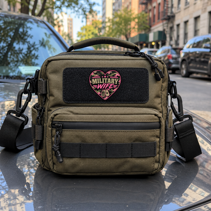 Military Wife Camo Heart – Leatherette Morale Patch — in use