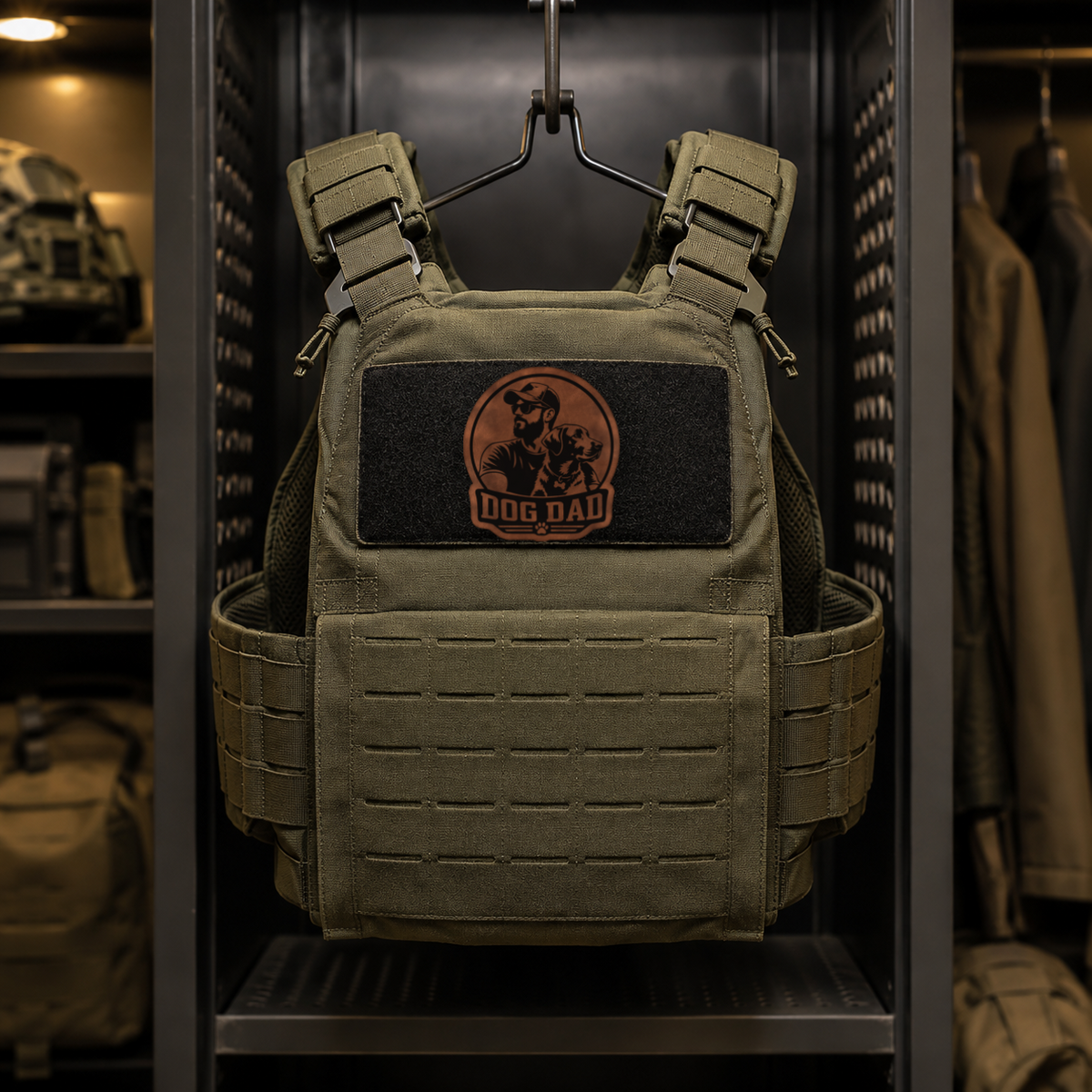 Dog Dad Style 1 – Leatherette Morale Patch — in use