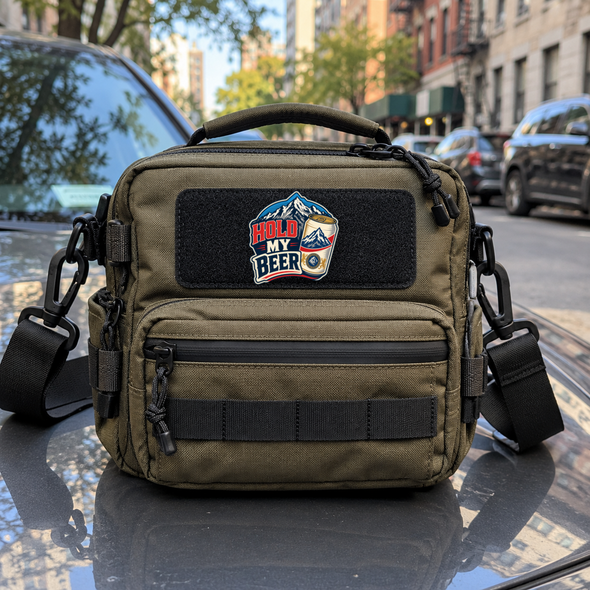 Hold My Beer – Leatherette Morale Patch — in use